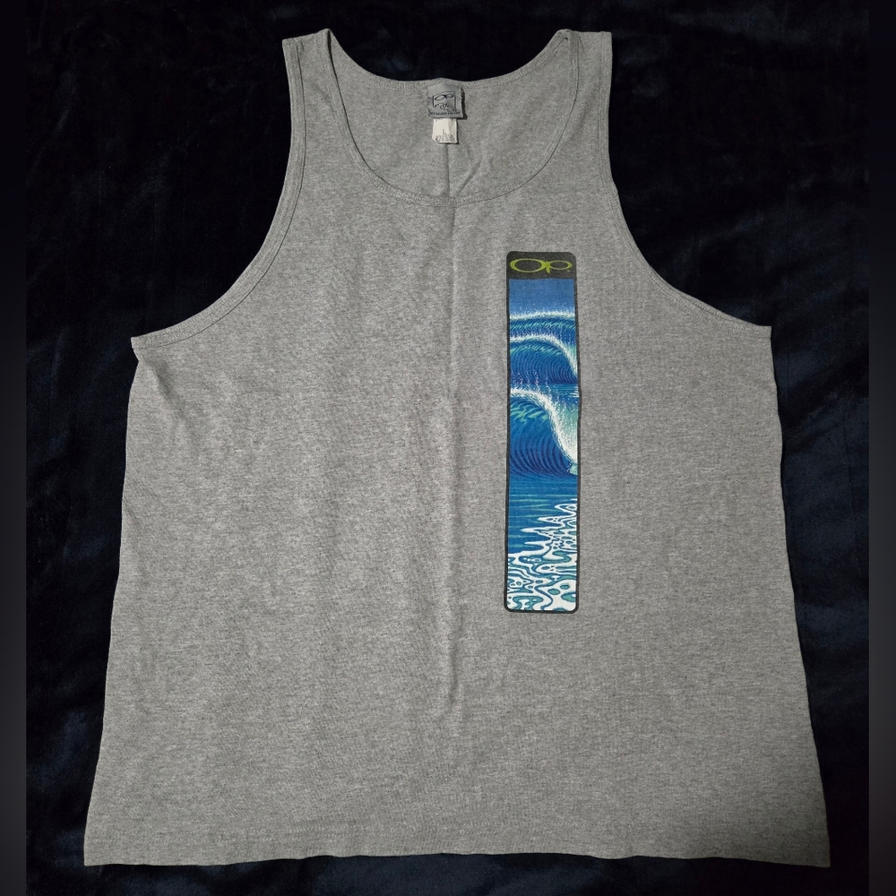 OP - OCEAN PACIFIC - Gray Tank Top with Blue Wave Design - VINTAGE